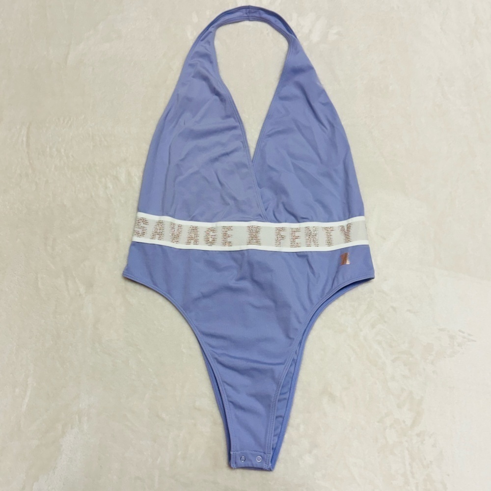 Savage X Fenty Lavender Halter Bodysuit with White Branded Band